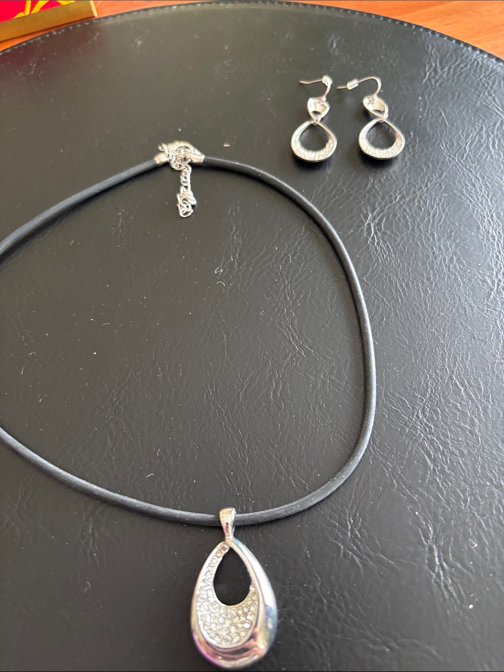 Silver Teardrop Pendant Necklace and Earrings - Black Cord